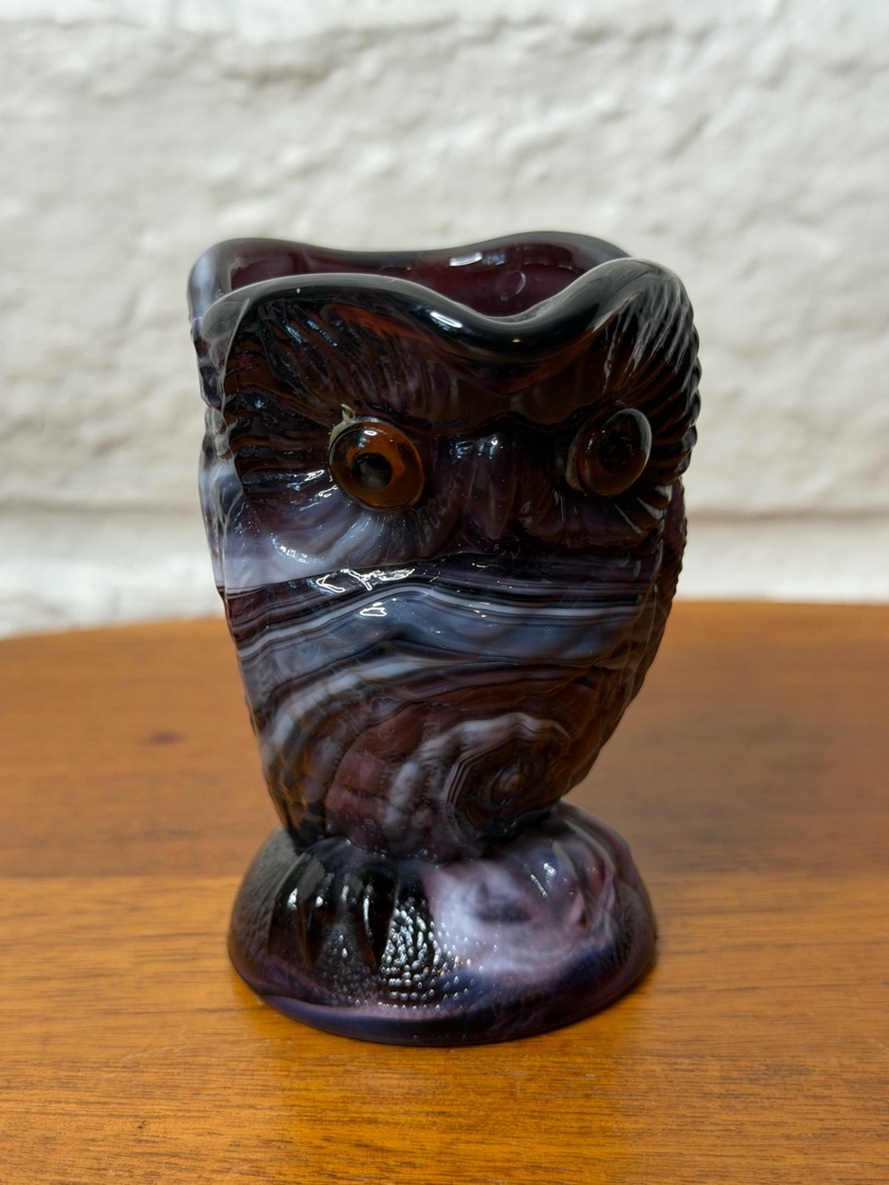 Vintage Imperial Glass Purple Slag Owls Creamer Small Pitcher Glass Eyes